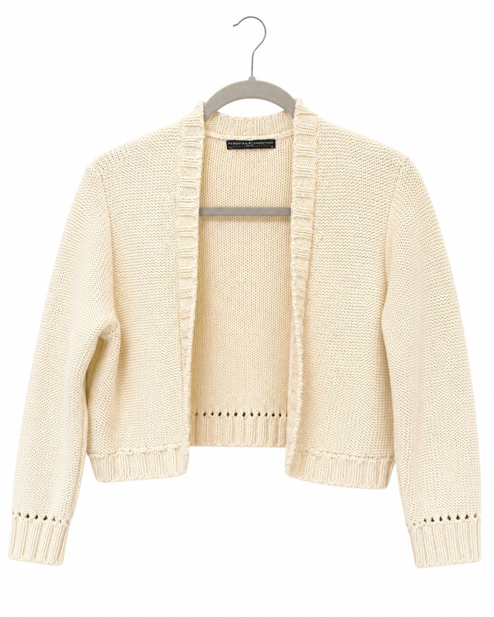 Peruvian Connection Cardigan Women M Ivory Pima Cotton Cropped Knit Sweater